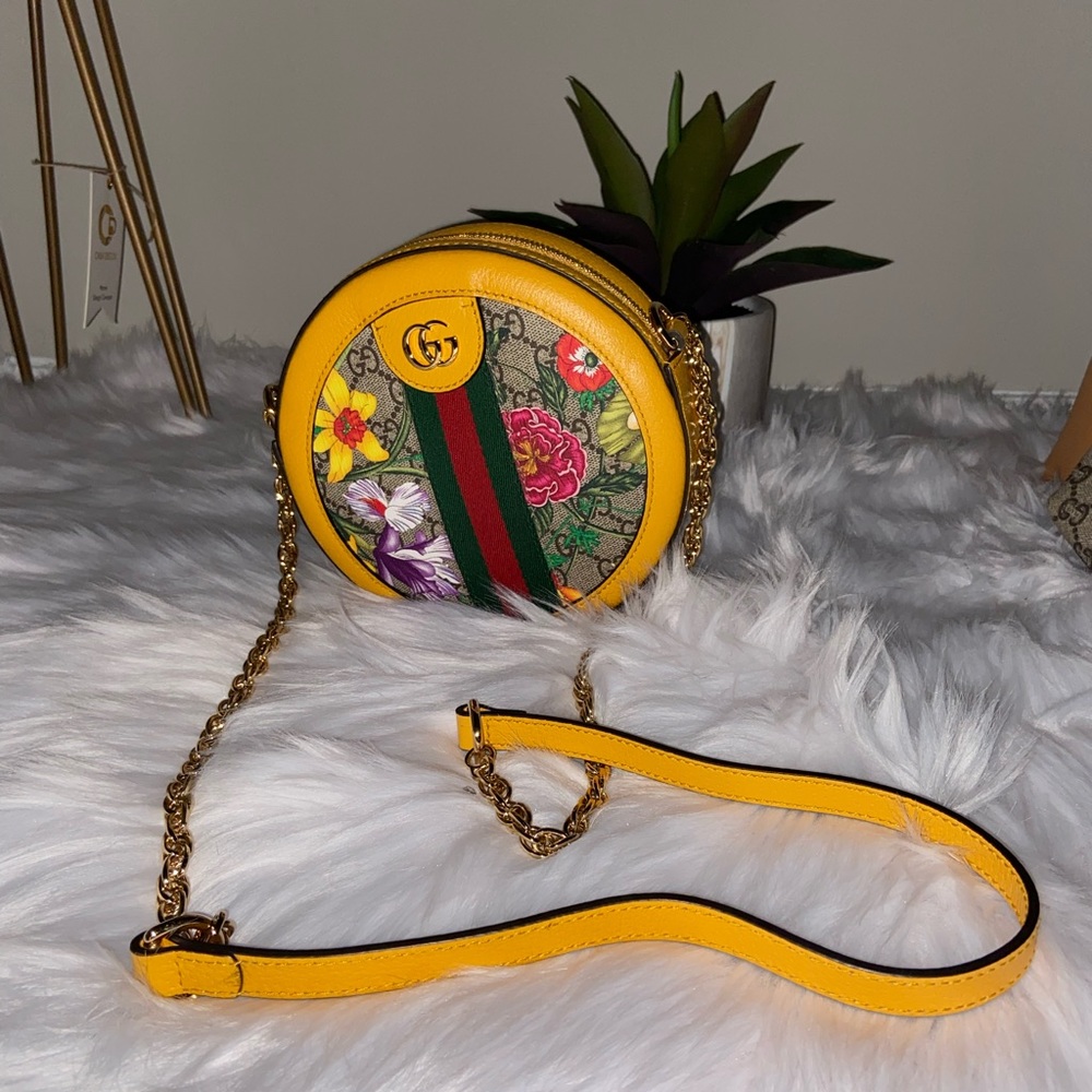 Gucci Yellow Floral GG Supreme Round Crossbody Bag
